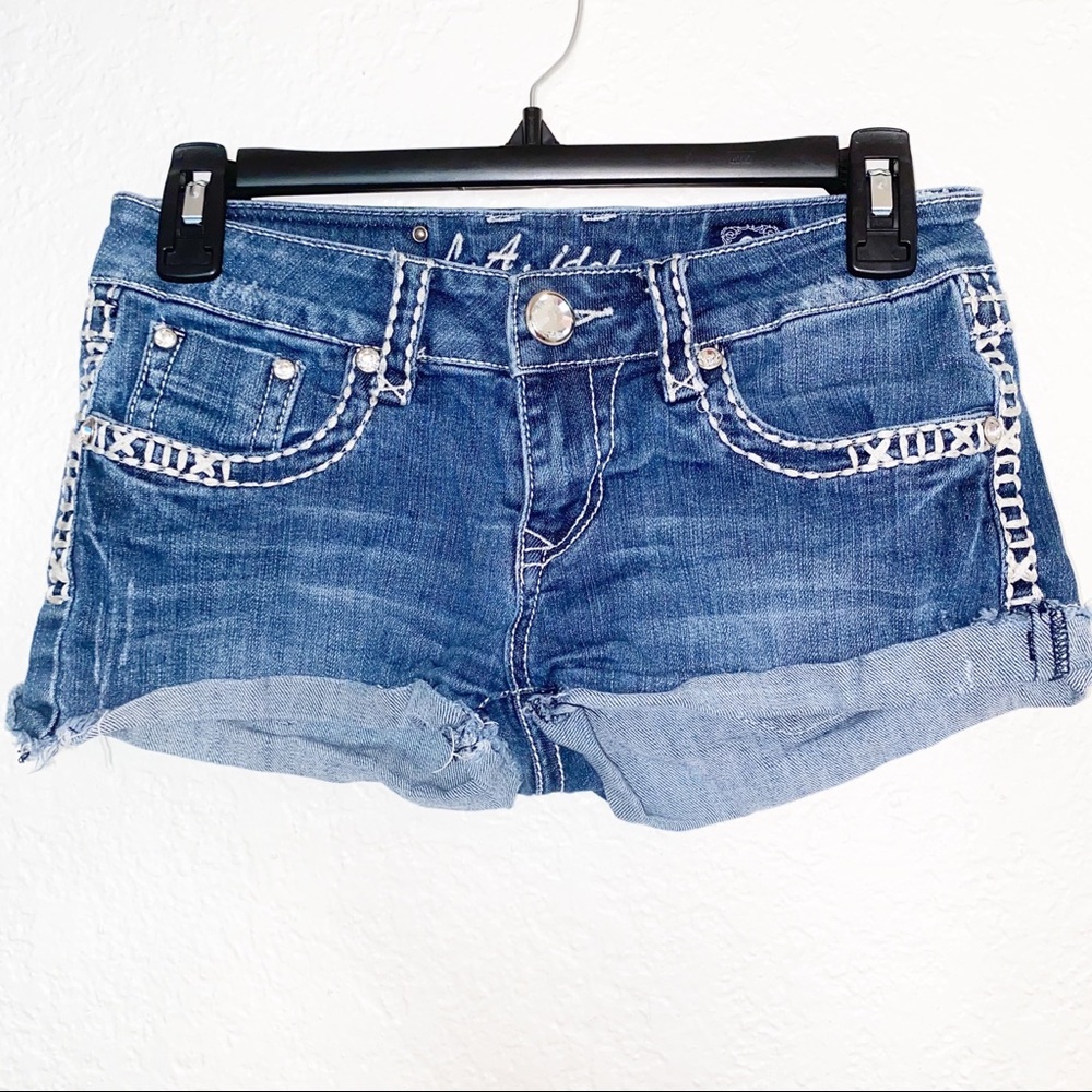 LA Idol cuffed Denim shorts with bling